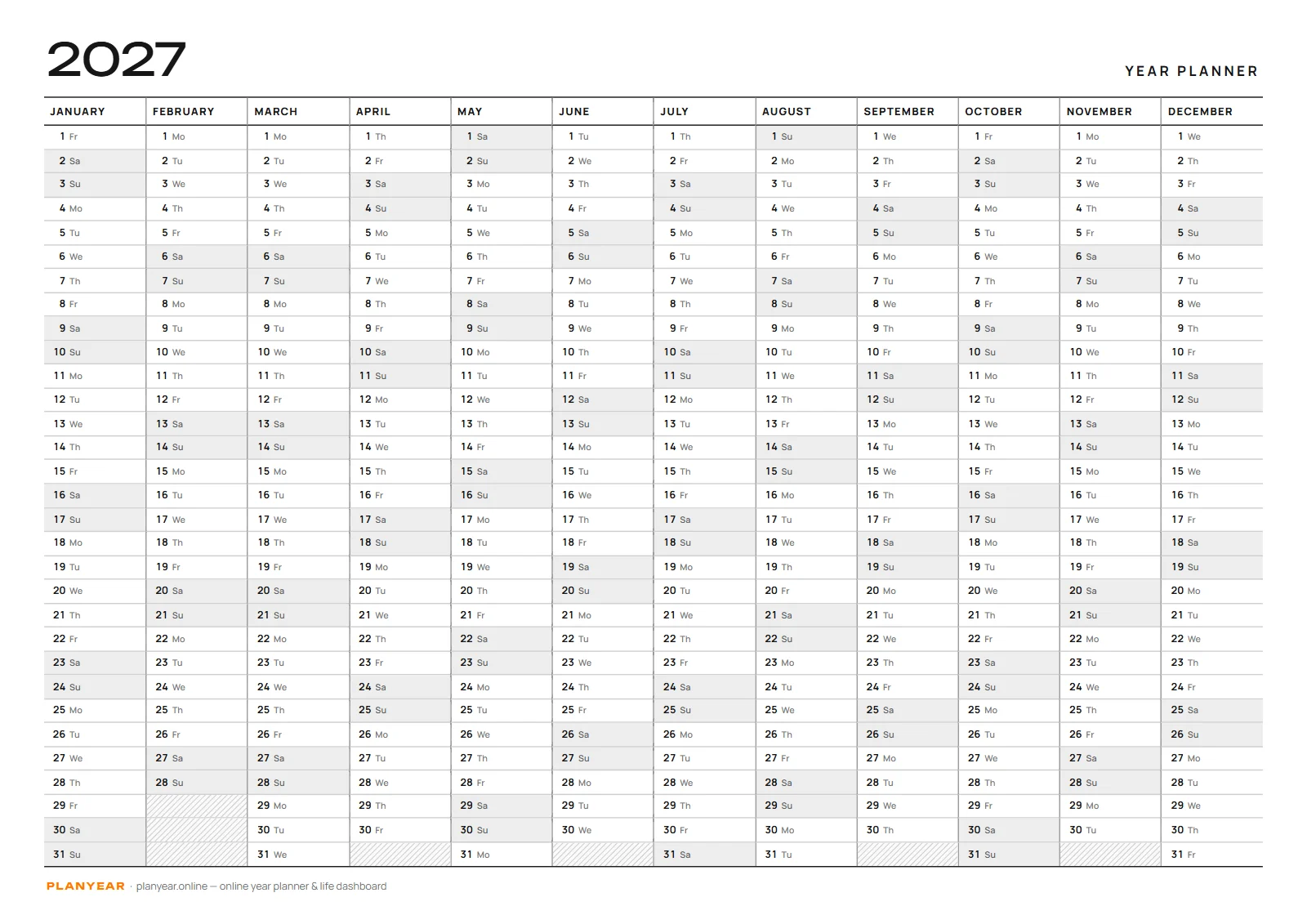 The 2027 year planner on one landscape A4 page: twelve month columns, 31 dated rows with two-letter weekdays, weekends shaded light gray