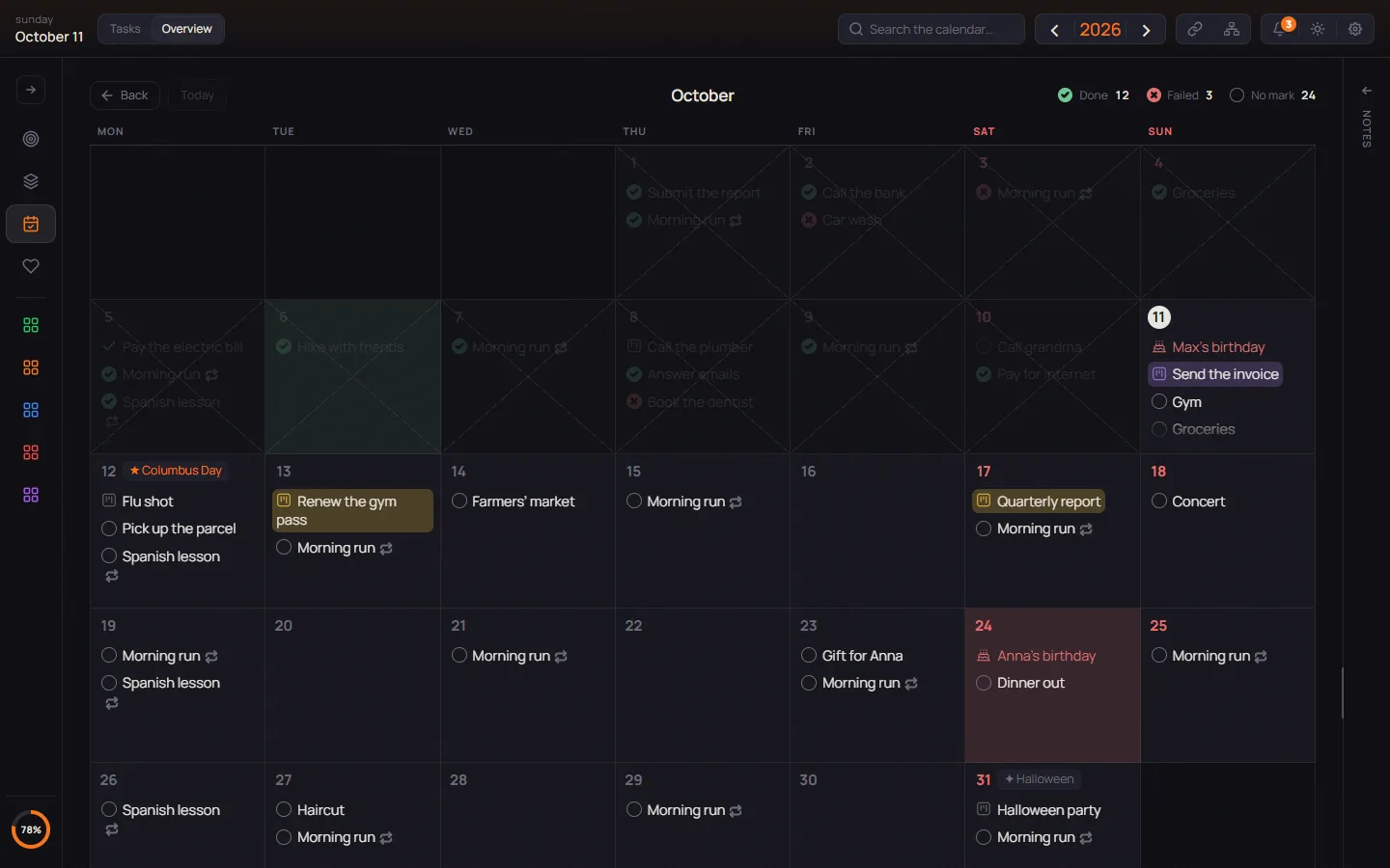 The PLANYEAR calendar: a month grid with small tasks on each day, the done ones ticked